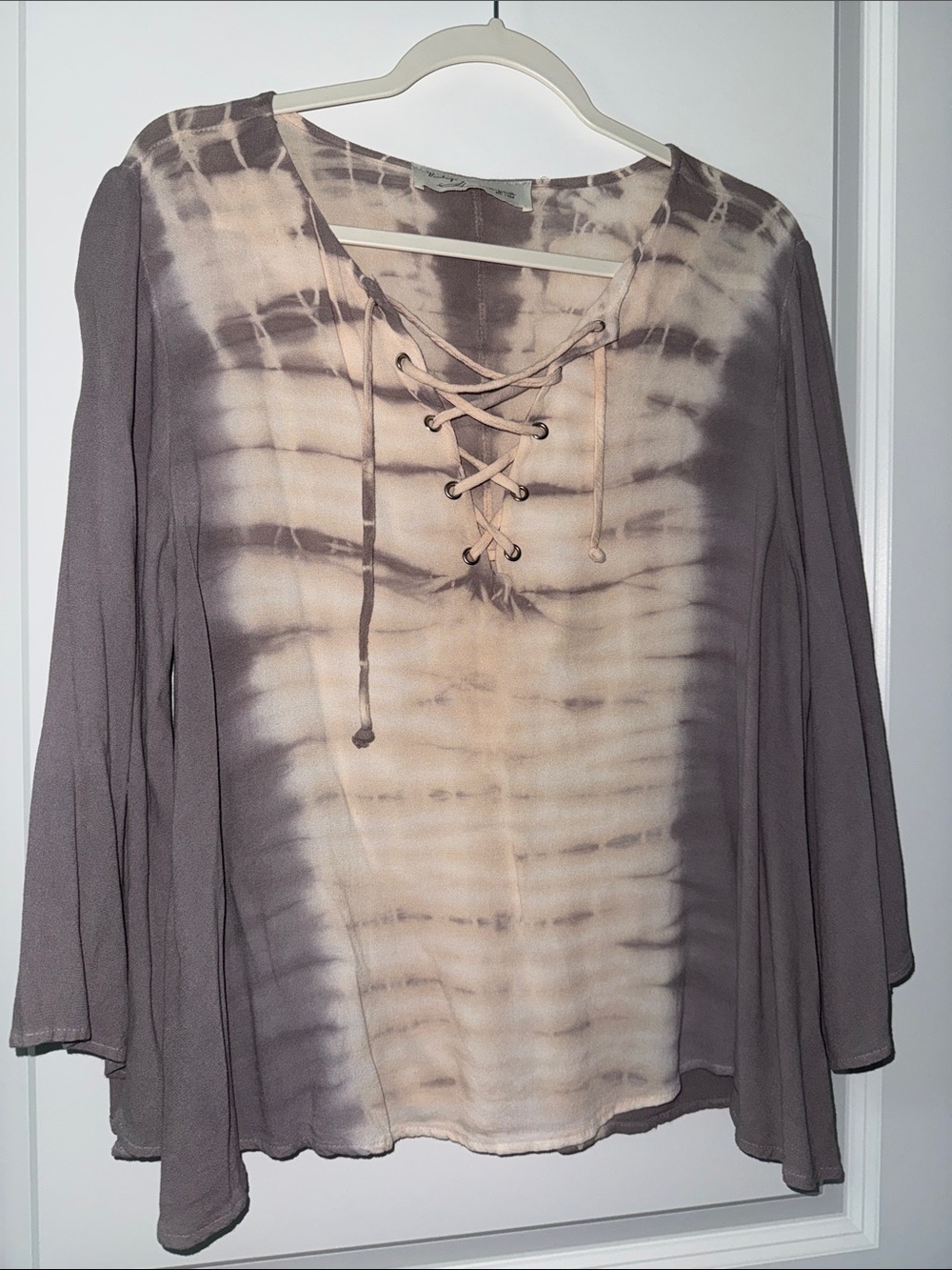 Tie-Dye Lace-Up Women’s Top in Taupe and Cream